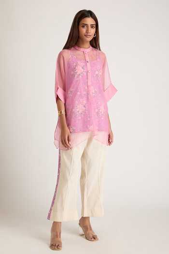 Buy_Priya Chaudhary_Pink Organza, Cotton, Rayon Mandarin Collar Sheer Shirt And Pant Set _Online_at_Aza_Fashions