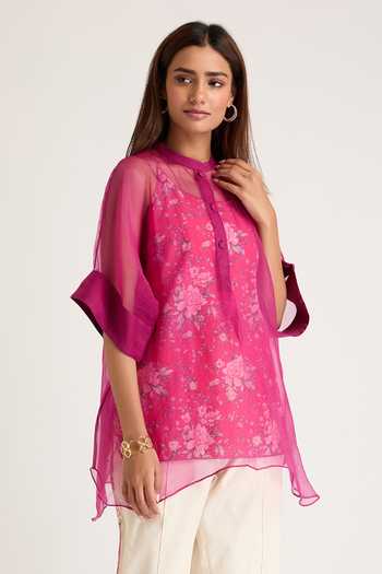 Priya Chaudhary_Purple Organza, Rayon Mandarin Collar Sheer Shirt And Printed Slip Top Set _Online_at_Aza_Fashions