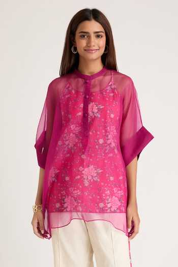 Buy Priya Chaudhary Magenta Organza, Cotton, Rayon Mandarin Collar Sheer Shirt And Pant Set Online at Aza Fashions Buy_Priya Chaudhary_Magenta Organza, Cotton, Rayon Mandarin Collar Sheer Shirt And Pant Set _Online_at_Aza_Fashions