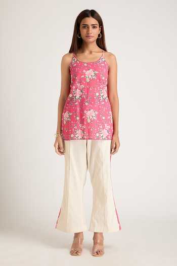 Priya Chaudhary Magenta Organza, Cotton, Rayon Mandarin Collar Sheer Shirt And Pant Set at Aza Fashions Priya Chaudhary_Magenta Organza, Cotton, Rayon Mandarin Collar Sheer Shirt And Pant Set _at_Aza_Fashions