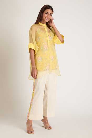Shop Priya Chaudhary Yellow Organza, Rayon Mandarin Collar Sheer Top And Printed Slip Set Online at Aza Fashions Shop_Priya Chaudhary_Yellow Organza, Rayon Mandarin Collar Sheer Top And Printed Slip Set _Online_at_Aza_Fashions