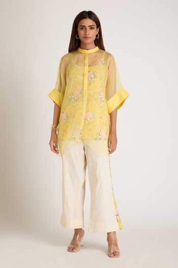 Priya Chaudhary Yellow Organza, Rayon Mandarin Collar Sheer Top And Printed Slip Set at Aza Fashions Priya Chaudhary_Yellow Organza, Rayon Mandarin Collar Sheer Top And Printed Slip Set _at_Aza_Fashions