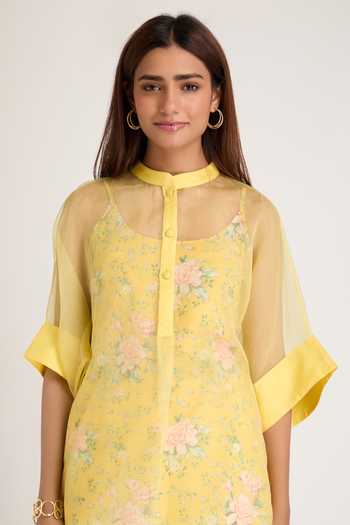 Shop Priya Chaudhary Yellow Organza, Rayon Mandarin Collar Sheer Top And Printed Slip Set Shop_Priya Chaudhary_Yellow Organza, Rayon Mandarin Collar Sheer Top And Printed Slip Set