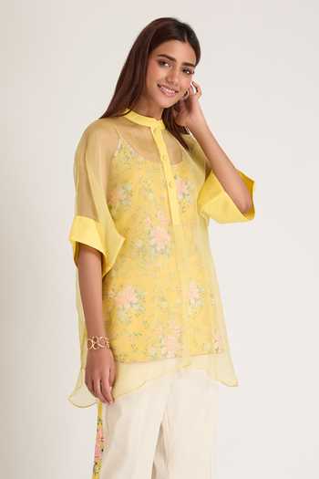 Priya Chaudhary Yellow Organza, Cotton, Rayon Mandarin Collar Sheer Top And Pant Set at Aza Fashions Priya Chaudhary_Yellow Organza, Cotton, Rayon Mandarin Collar Sheer Top And Pant Set _at_Aza_Fashions