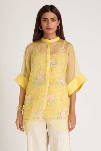 Buy Priya Chaudhary Yellow Organza, Cotton, Rayon Mandarin Collar Sheer Top And Pant Set Buy_Priya Chaudhary_Yellow Organza, Cotton, Rayon Mandarin Collar Sheer Top And Pant Set
