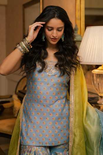 Punit Balana Blue , Chanderi, Organza Scoop Neck The Noor Printed Kurta Gharara Set Online at Aza Fashions Punit Balana_Blue , Chanderi, Organza Scoop Neck The Noor Printed Kurta Gharara Set _Online_at_Aza_Fashions