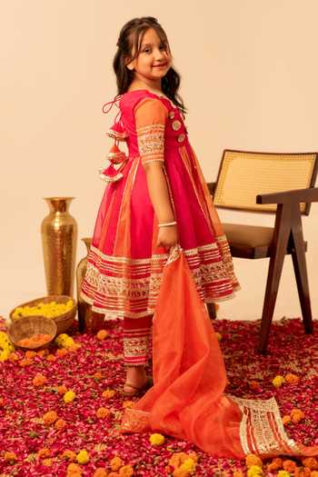 Shop Pomcha Jaipur Orange Organza Embroidered Anarkali Set Shop_Pomcha Jaipur_Orange Organza Embroidered Anarkali Set