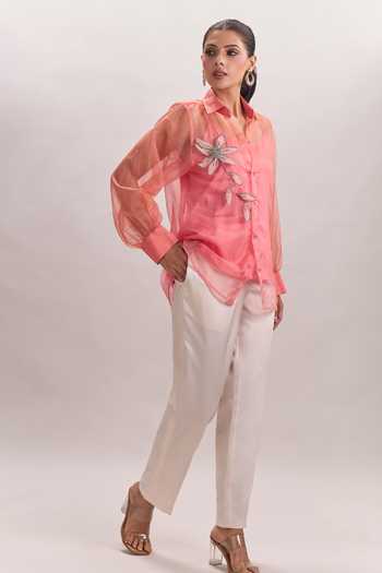 Buy Naintara Bajaj White Cotton, Organza, Silk Collared Neck 3d Floral Embroidered Shirt And Pant Set Buy_Naintara Bajaj_White Cotton, Organza, Silk Collared Neck 3d Floral Embroidered Shirt And Pant Set