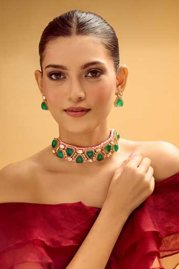 Nazaakat By Samara Singh Pink & Green Stone Embellished Jewellery Set 