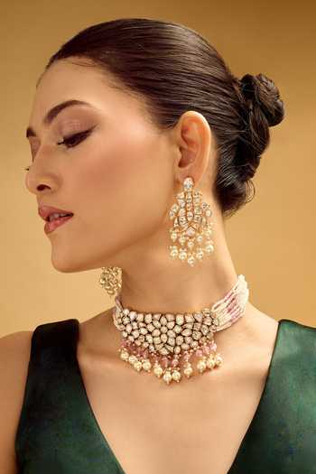 Buy Nazaakat By Samara Singh Pink Rhinestones, Pearls Brass Necklace And Earring Set at Aza Fashions Buy_Nazaakat By Samara Singh_Pink Rhinestones, Pearls Brass Necklace And Earring Set _at_Aza_Fashions