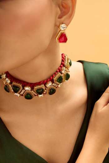 Buy Nazaakat By Samara Singh Red Stones And Green Brass Jewellery Set Buy_Nazaakat By Samara Singh_Red Stones And Green Brass Jewellery Set