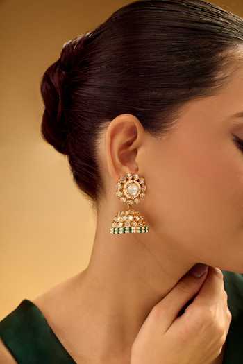 Shop Nazaakat By Samara Singh White Stones, Beads Gold Plated Jhumka Earrings Online at Aza Fashions Shop_Nazaakat By Samara Singh_White Stones, Beads Gold Plated Jhumka Earrings _Online_at_Aza_Fashions