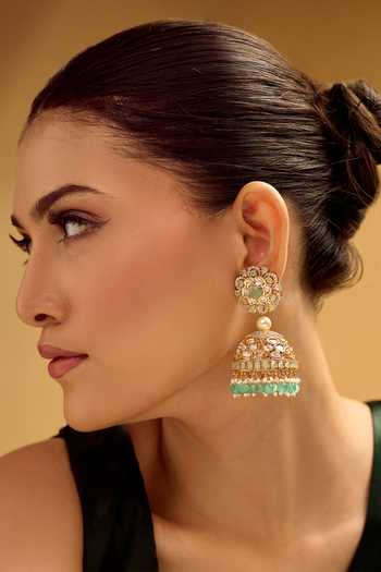 Nazaakat By Samara Singh Gold Plated Pearls, Stones, Beads Aqua Jhumka Earrings at Aza Fashions Nazaakat By Samara Singh_Gold Plated Pearls, Stones, Beads Aqua Jhumka Earrings _at_Aza_Fashions