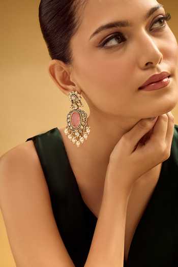 Shop Nazaakat By Samara Singh Pink Pearls, Stones And Gold Dangler Earrings Online at Aza Fashions Shop_Nazaakat By Samara Singh_Pink Pearls, Stones And Gold Dangler Earrings _Online_at_Aza_Fashions