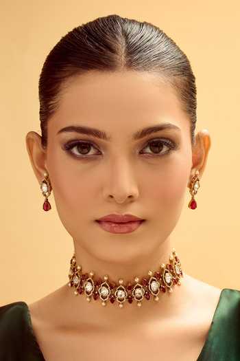 Nazaakat By Samara Singh Red Brass Necklace & Earring Set 
