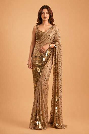 Ellemora Fashions Golden Glitz Sequined Saree & Blouse Set 