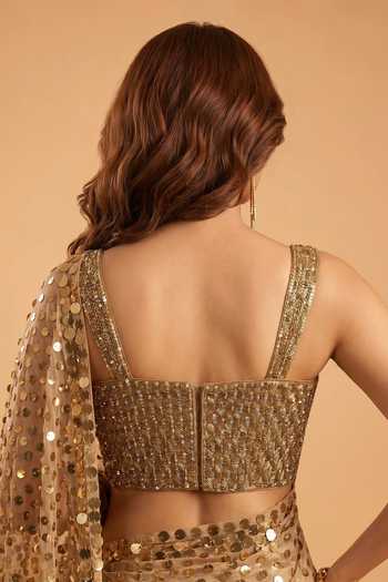 Ellemora Fashions_Gold Net, Organza, Viscose Sweetheart Neck Glitz Sequined Saree And Blouse Set _at_Aza_Fashions