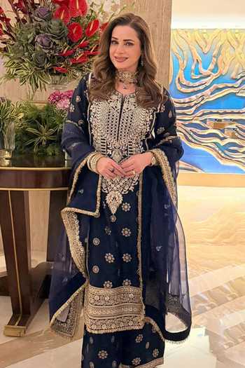 Gopi Vaid_Blue Tussar, Organza Round Neck, Yes Badusha Embroidered Kurta Palazzo Set _Online_at_Aza_Fashions