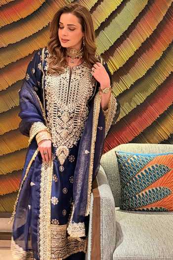 Buy_Gopi Vaid_Blue Tussar, Organza Round Neck, Yes Badusha Embroidered Kurta Palazzo Set _Online_at_Aza_Fashions