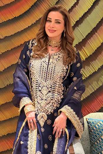 Gopi Vaid_Blue Tussar, Organza Round Neck, Yes Badusha Embroidered Kurta Palazzo Set _at_Aza_Fashions