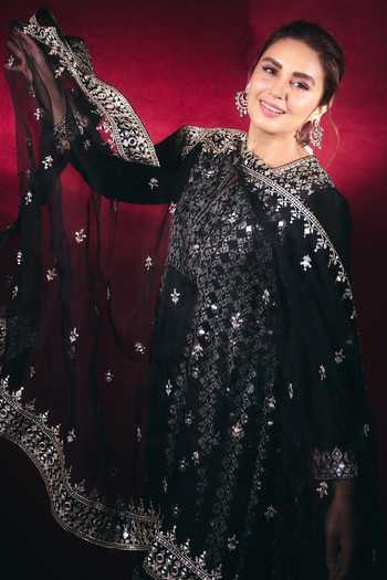 Shop Gopi Vaid Black Tussar, Organza Notched Neck Amiha Embroidered Anarkali Palazzo Set at Aza Fashions Shop_Gopi Vaid_Black Tussar, Organza Notched Neck Amiha Embroidered Anarkali Palazzo Set _at_Aza_Fashions