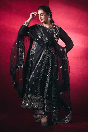 Buy Gopi Vaid Black Tussar, Organza Notched Neck Amiha Embroidered Anarkali Palazzo Set at Aza Fashions Buy_Gopi Vaid_Black Tussar, Organza Notched Neck Amiha Embroidered Anarkali Palazzo Set _at_Aza_Fashions