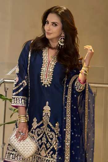 Gopi Vaid_Blue Georgette, Tussar, Silk V-neck, Yes Preesha Embroidered Kurta Sharara Set _Online_at_Aza_Fashions