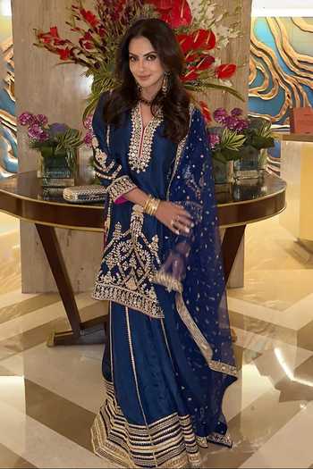 Buy_Gopi Vaid_Blue Georgette, Tussar, Silk V-neck, Yes Preesha Embroidered Kurta Sharara Set _Online_at_Aza_Fashions