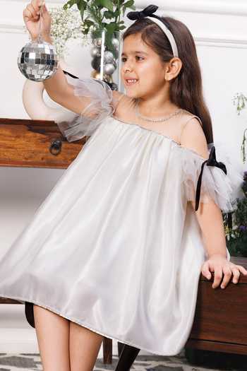 The Lush Affair_White Satin, Net Dolly Dress _Online_at_Aza_Fashions