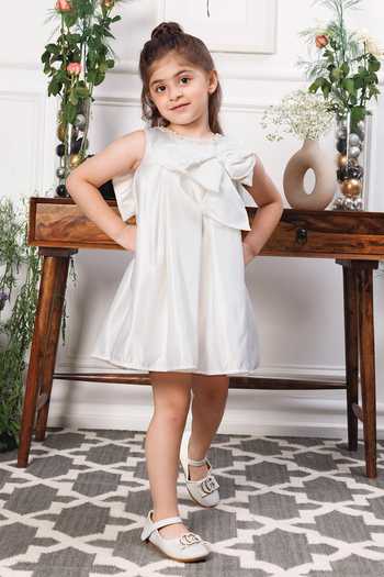 The Lush Affair White Cotton, Satin Emma Bow Detail Dress at Aza Fashions The Lush Affair_White Cotton, Satin Emma Bow Detail Dress _at_Aza_Fashions
