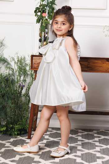 Buy The Lush Affair White Cotton, Satin Emma Bow Detail Dress Buy_The Lush Affair_White Cotton, Satin Emma Bow Detail Dress
