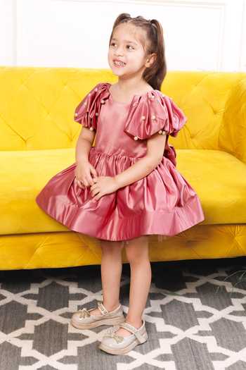 The Lush Affair Pink Cotton, Satin, Tulle Puff Sleeve Dress Online at Aza Fashions The Lush Affair_Pink Cotton, Satin, Tulle Puff Sleeve Dress _Online_at_Aza_Fashions