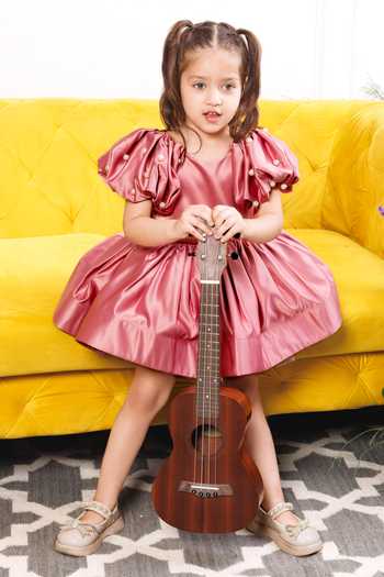 Shop The Lush Affair Pink Cotton, Satin, Tulle Puff Sleeve Dress Online at Aza Fashions Shop_The Lush Affair_Pink Cotton, Satin, Tulle Puff Sleeve Dress _Online_at_Aza_Fashions