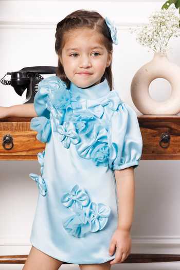 The Lush Affair Blue Silk Satin Mulan Floral Applique Dress Online at Aza Fashions The Lush Affair_Blue Silk Satin Mulan Floral Applique Dress _Online_at_Aza_Fashions