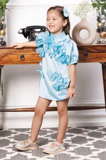 Shop The Lush Affair Blue Silk Satin Mulan Floral Applique Dress Online at Aza Fashions Shop_The Lush Affair_Blue Silk Satin Mulan Floral Applique Dress _Online_at_Aza_Fashions