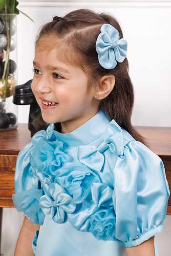 The Lush Affair Blue Silk Satin Mulan Floral Applique Dress at Aza Fashions The Lush Affair_Blue Silk Satin Mulan Floral Applique Dress _at_Aza_Fashions