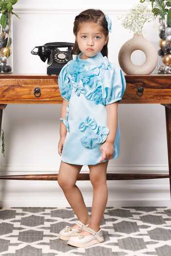 Buy The Lush Affair Blue Silk Satin Mulan Floral Applique Dress Buy_The Lush Affair_Blue Silk Satin Mulan Floral Applique Dress