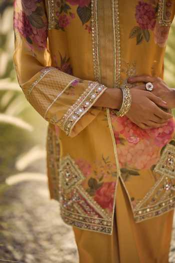 Buy_Ridhi Mehra_Yellow Organza, Silk Round Neck Primrose Print Kurta And Skirt Set _Online_at_Aza_Fashions