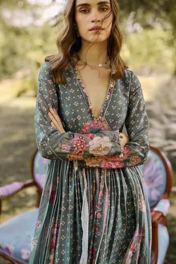 Ridhi Mehra_Green Chanderi, Net V-neck Camellia Print Anarkali Set _Online_at_Aza_Fashions