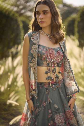 Ridhi Mehra_Green Organza Open , Square Elara Embroidered Jacket Skirt Set _Online_at_Aza_Fashions
