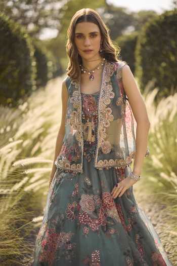Buy_Ridhi Mehra_Green Organza Open , Square Elara Embroidered Jacket Skirt Set _Online_at_Aza_Fashions
