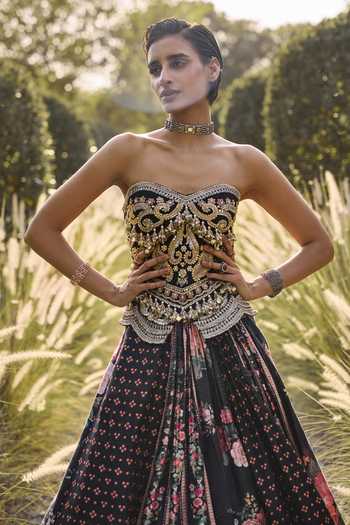 Ridhi Mehra_Black Net, Silk Sweetheart Neck Midnight Print Lehenga Set _Online_at_Aza_Fashions