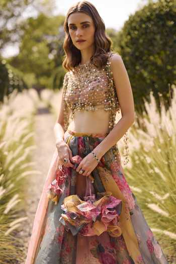 Buy Ridhi Mehra Multi Color Tissue, Organza Round Neck Grace Print Lehenga And Blouse Set Online at Aza Fashions Buy_Ridhi Mehra_Multi Color Tissue, Organza Round Neck Grace Print Lehenga And Blouse Set _Online_at_Aza_Fashions