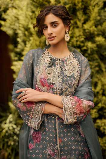Ridhi Mehra_Green Organza, Silk Round Neck Belle Print Kurta Salwar Set _Online_at_Aza_Fashions