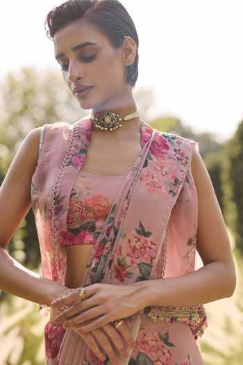 Ridhi Mehra Pink Georgette Open Neck Ophelia Floral Print Saree Set With Jacket Online at Aza Fashions Ridhi Mehra_Pink Georgette Open Neck Ophelia Floral Print Saree Set With Jacket _Online_at_Aza_Fashions
