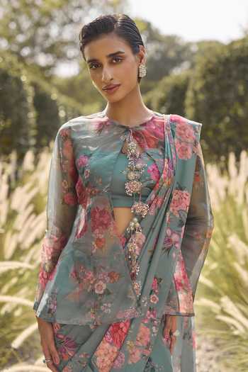 Ridhi Mehra Green Organza, Georgette Round Neck Willow Print Saree Set With Jacket Online at Aza Fashions Ridhi Mehra_Green Organza, Georgette Round Neck Willow Print Saree Set With Jacket _Online_at_Aza_Fashions