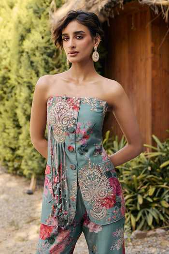 Ridhi Mehra_Green Chanderi Bandeau Neck Irene Floral Print Jacket And Pant Set _Online_at_Aza_Fashions