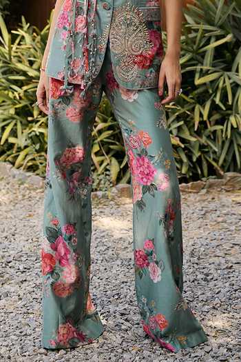 Buy_Ridhi Mehra_Green Chanderi Bandeau Neck Irene Floral Print Jacket And Pant Set _Online_at_Aza_Fashions