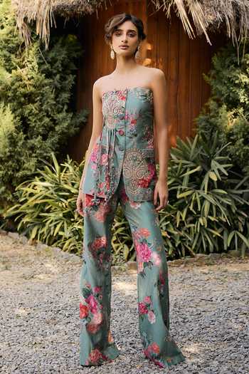 Shop_Ridhi Mehra_Green Chanderi Bandeau Neck Irene Floral Print Jacket And Pant Set _Online_at_Aza_Fashions