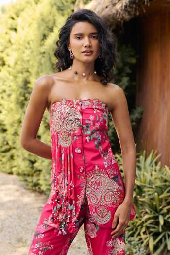 Ridhi Mehra_Fuchsia Silk Bandeau Neck Bloom Print Raw Tube Jacket And Pant Set _Online_at_Aza_Fashions